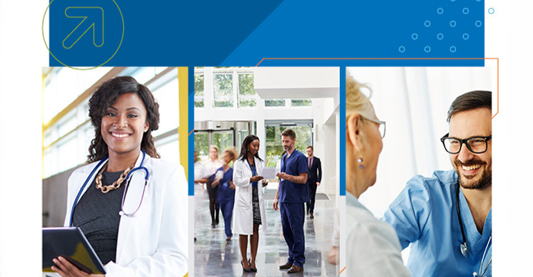 Three side-by-side photos of health professionals in different settings