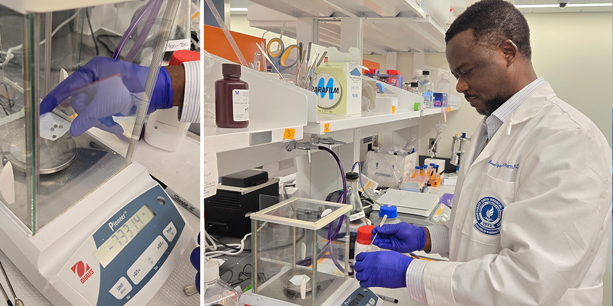 Moses Oyewumi in a pharmaceutical sciences lab