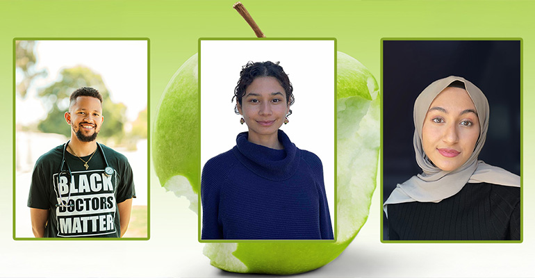 triptych of three headshots with a green apple in the background