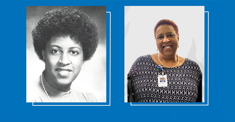 Headshot of a young African American woman from the 1980s framed next to a current photo of her.