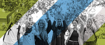 A second group of NEOMED students hold letters spelling out the name of the University.