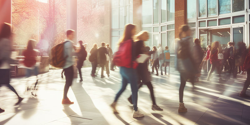 Students walking through a bright, bustling campus, embracing the energy of college life.
