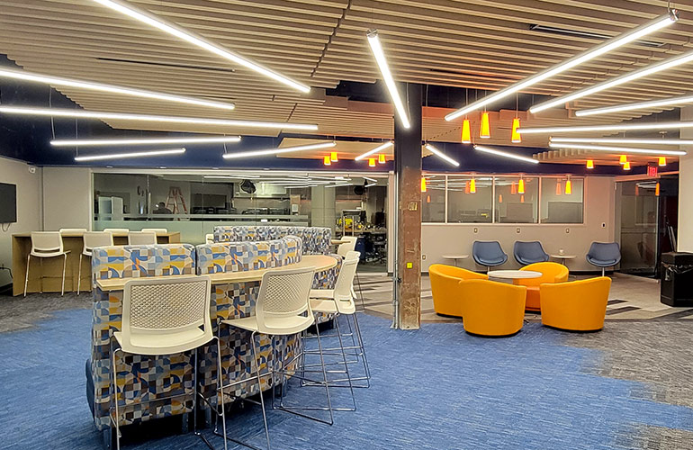 The so-called collision space within the Medical Design Innovation Center at NEOMED is a colorful, modern space for innovators to work.