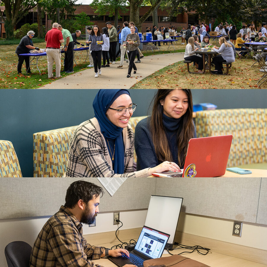 three images wth top image of students and faculty at an outdoor picnic, second image of tow female students smiling and looking at an orange laptop while sitting, and last image of a male student looking focused on laptop in quiet study room