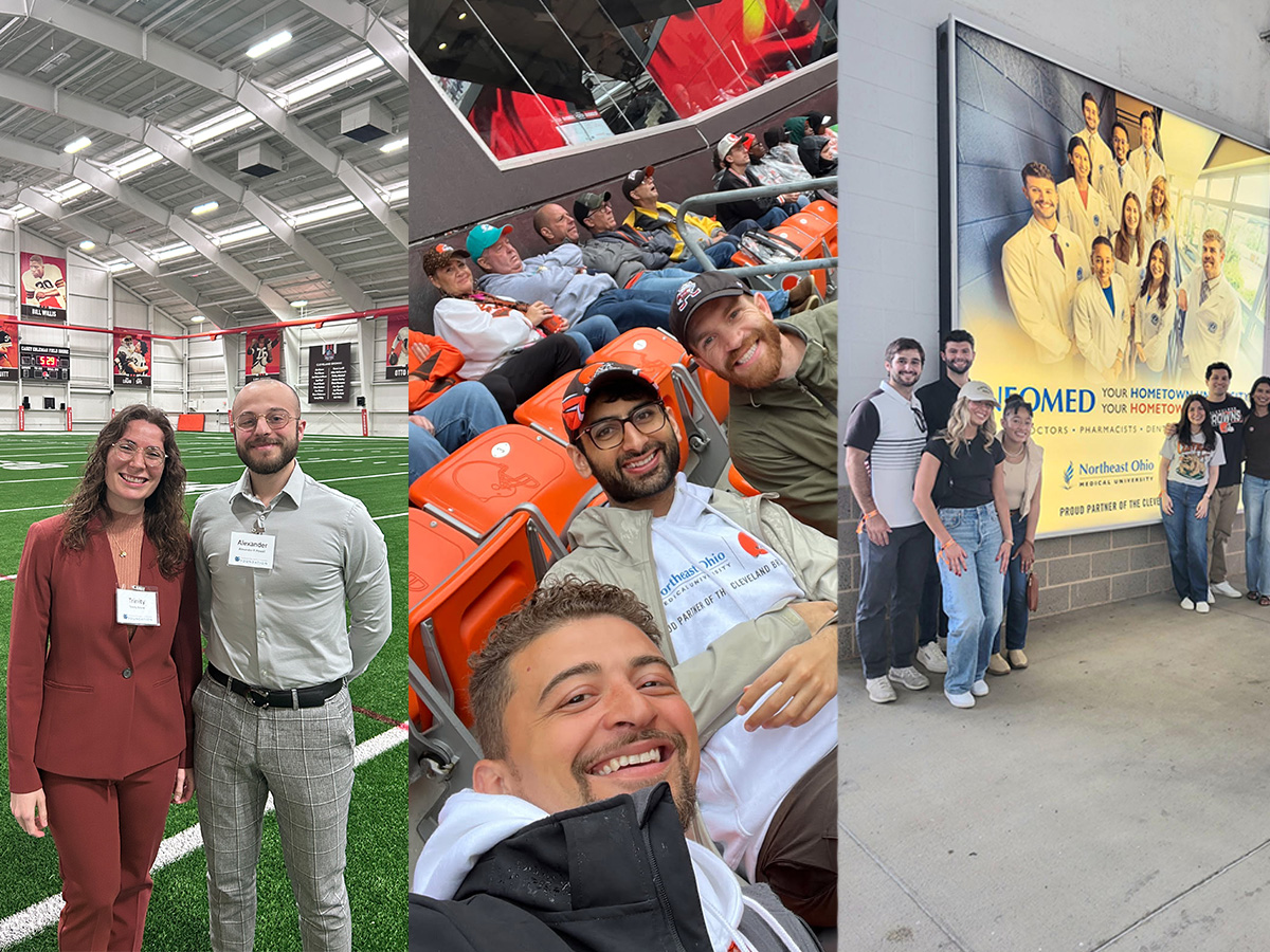 tryptich with first image of man and woman smiling standing on grass inside stadium, second image with students sitting at stadium and smiling, and third image with students standing in front of co-branded LED graphic